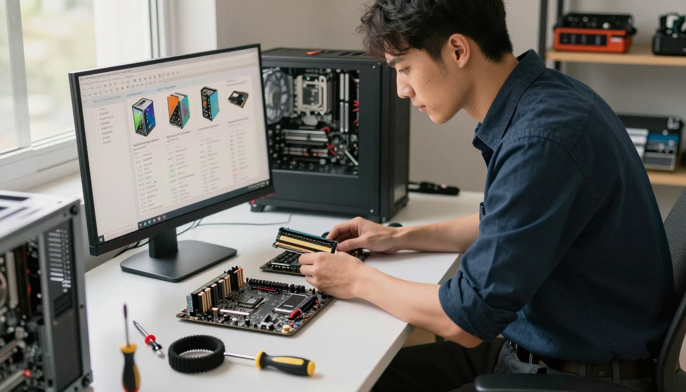 Builder checking PC components before ordering hardware